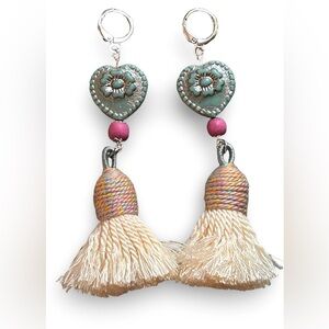 Handcrafted Boho Tassel Earrings with Patina Heart & Floral Detail